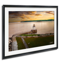 Portland Maine lighthouse art, Bug Light coastal print, Maine sunset wall decor, Casco Bay photography, New England seascape art, lighthouse fine art, golden hour ocean print, coastal home décor, maritime landscape photo, nautical wall artwork, serene harbor scene, Maine travel décor, oceanfront sunset art, harbor lighthouse print