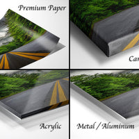 The image is a collage of four different views of a road with trees, showcasing the different materials used to print the artwork.