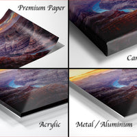 The image is a collage of four different views of a landscape, including a premium paper print, a canvas wrap, an acrylic print, and a metal/aluminum print.