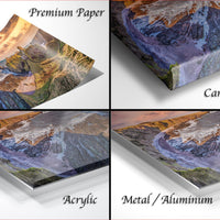 The image is a collage of four different images, each depicting a landscape with mountains, trees, and water. The images are labeled as "Premium Paper", "Canvas Wrap", "Acrylic", and "Metal/Aluminum".