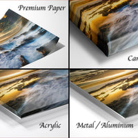 The image is a collage of four different images, each depicting a landscape scene. The images are labeled as "Premium Paper", "Canvas Wrap", "Acrylic", and "Metal/Aluminum".