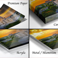 The image is a collage of four different views of a sunset over a city skyline, with each view presented in a different medium: acrylic, metal, and aluminum.