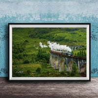 A framed photograph depicting a steam train traveling on a stone bridge over a lush, green valley.