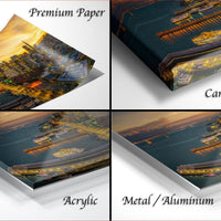 The image is a collage of four different views of a cityscape at sunset, each with a different material or finish, including "Premium Paper", "Canvas Wrap", "Acrylic", and "Metal/Aluminum".