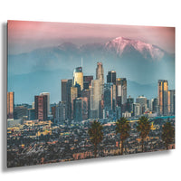 A panoramic view of the Los Angeles skyline, with the city's iconic skyscrapers and mountains in the background.