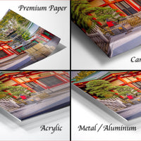 The image is a collage of four photographs depicting a traditional Japanese temple with red and yellow roofs, surrounded by trees and shrubs.