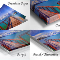 The image is a collage of four different views of a wooden bridge over a body of water, with each view labeled as either "Premium Paper", "Canvas Wrap", "Acrylic", or "Metal/Aluminum".