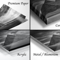 The image is a collage of four different images, each depicting a landscape with mountains, including a canvas wrap and a premium paper.
