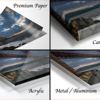 four different views of a photograph of the Golden Gate Bridge, with the text "Premium Paper", "Canvas Wrap", "Acrylic", and "Metal/Aluminum" indicating the materials used to print the image.