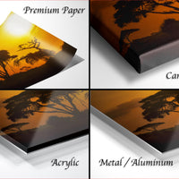 The image is a collage of four different images, each depicting a landscape with trees and a sunset. The images are labeled as "Premium Paper", "Canvas Wrap", "Acrylic", and "Metal/Aluminum".
