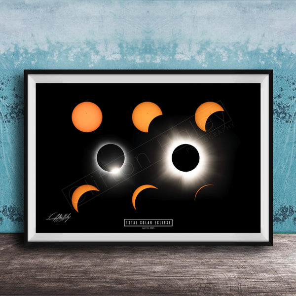 The image is a framed poster depicting the total solar eclipse, showing the moon, sun, and various stages of the eclipse.