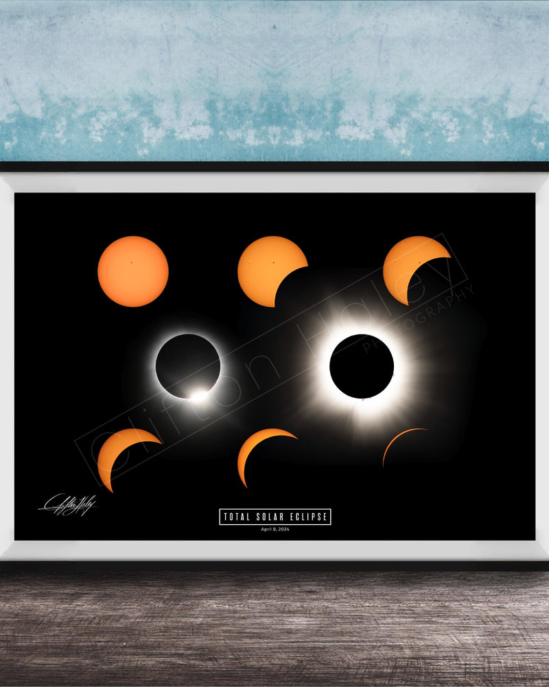 The image is a framed poster depicting the total solar eclipse, showing the moon, sun, and various stages of the eclipse.