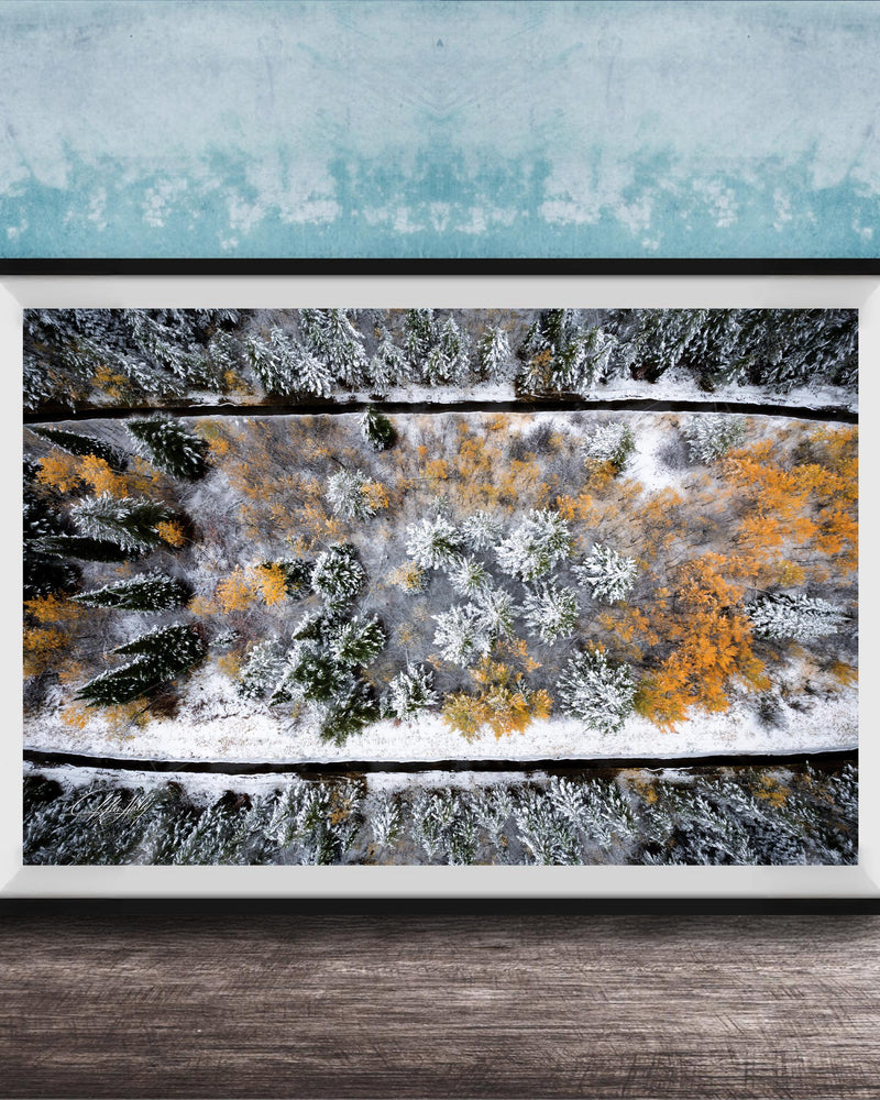 The image is a framed aerial view of a snowy forest landscape with trees covered in snow and some displaying autumn colors.