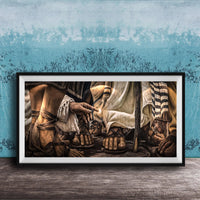 The image is a framed painting depicting a scene with a group of people wearing sandals, possibly from an ancient time or a historical period.