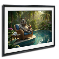 A rhinoceros sitting in a wicker chair by a pool, surrounded by lush greenery and palm trees, with a drink in its hand.