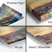 The image is a collage of four different views of a cityscape, each with a distinct perspective and angle. The collage includes a close-up view of the city skyline, a panoramic view of the city, a close-up view of a building, and a close-up view of a street. The collage is labeled as "Premium Paper", "Canvas Wrap", "Acrylic", and "Metal/Aluminum".