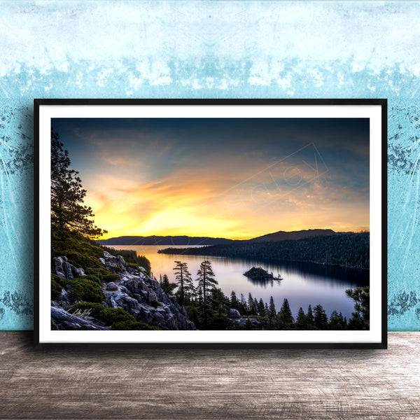 Emerald Bay Lake Print, Serene Mountain Pine Tree Wall Art Decor