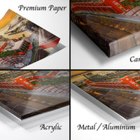 The image is a collage of four different types of printed materials, including a premium paper, a canvas wrap, an acrylic, and a metal/aluminum.