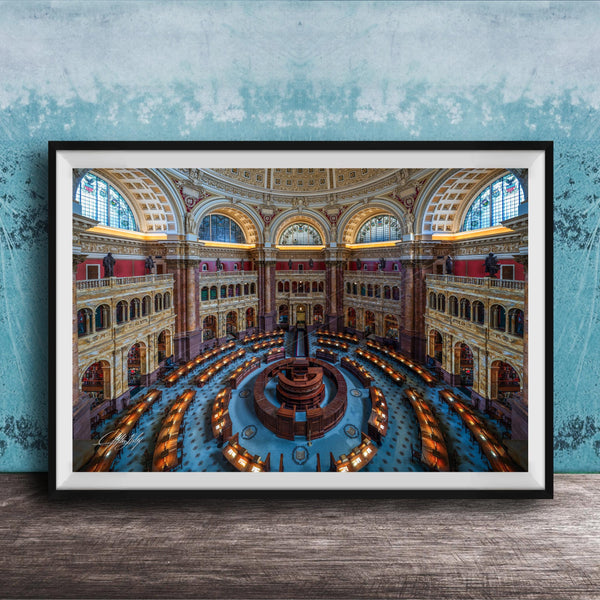 This luxury fine art photograph captures the grand interior architecture of the Library of Congress in Washington DC. Marble columns, ornate ceilings, and classical symmetry create a refined composition rooted in American national history and cultural legacy. Ideal for collectors, professionals, and interior designers seeking museum-quality wall art that embodies intellect, heritage, and timeless elegance.