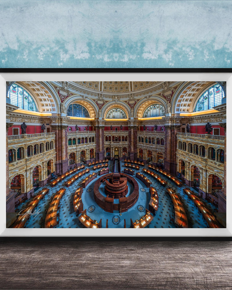 This luxury fine art photograph captures the grand interior architecture of the Library of Congress in Washington DC. Marble columns, ornate ceilings, and classical symmetry create a refined composition rooted in American national history and cultural legacy. Ideal for collectors, professionals, and interior designers seeking museum-quality wall art that embodies intellect, heritage, and timeless elegance.
