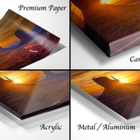 The image is a collage of four different images, each depicting a sunset over a mountain landscape. The images are labeled as "Premium Paper", "Canvas Wrap", "Acrylic", and "Metal/Aluminum".