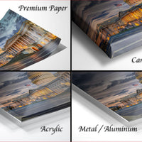 The image is a collage of four photos depicting the United States Capitol building at different angles and lighting conditions.