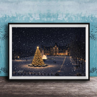 A large, illuminated Christmas tree stands in the center of a snowy park, surrounded by people walking around and enjoying the festive atmosphere.