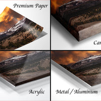 The image is a collage of four different images, each depicting a landscape with mountains and trees. The images are labeled as "Premium Paper", "Canvas Wrap", "Acrylic", and "Metal/Aluminum".
