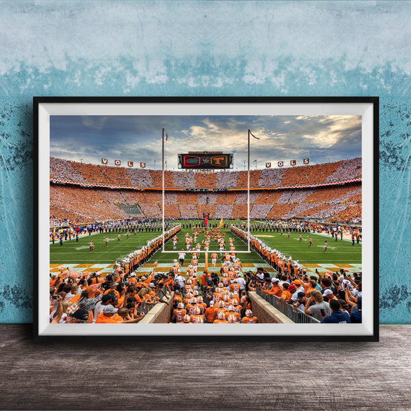 a large crowd of people gathered in a stadium, with a football field and players visible in the background.