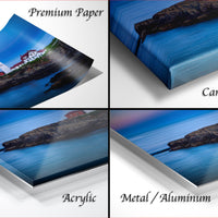 The image is a collage of four different views of a lighthouse on a rocky coastline, with each view presented in a different material: premium paper, canvas wrap, acrylic, and metal/aluminum.