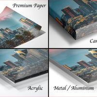 The image is a collage of four different views of a cityscape, each with a distinct finish: "Premium Paper", "Canvas Wrap", "Acrylic", and "Metal/Aluminum".