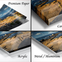 The image is a collage of four different images, each depicting a rocky coastal landscape. The images are labeled as "Premium Paper", "Canvas Wrap", "Acrylic", and "Metal/Aluminum".