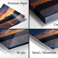 The image is a collage of four different images, each depicting a sunset over a body of water. The images are labeled as "Premium Paper", "Canvas Wrap", "Acrylic", and "Metal/Aluminum".