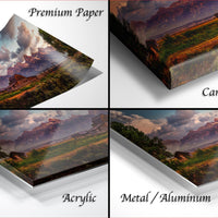 The image is a collage of four different views of a landscape photograph, including a close-up of the paper, a close-up of the canvas wrap, and a close-up of the metal or aluminum finish.