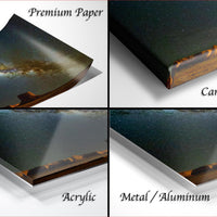 The image is a collage of four different types of materials used for printing or framing artwork, including premium paper, canvas wrap, acrylic, and metal/aluminum.