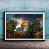 a large, ornate dome with a golden roof, surrounded by trees and a stone wall, set against a dramatic sky with clouds.