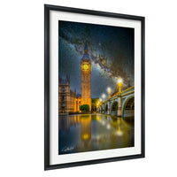 a night scene in London, featuring the iconic Big Ben clock tower and the Palace of Westminster, with the River Thames reflecting the lights and the sky above.