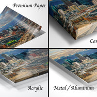 The image is a collage of four different views of a cityscape, each with a distinct texture and finish. The top left image is a "Premium Paper" print, the top right image is a "Canvas Wrap" print, the bottom left image is an "Acrylic" print, and the bottom right image is a "Metal/Aluminum" print.