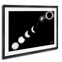 A framed image depicting the progression of a solar eclipse, showing the moon transitioning from a crescent to a full moon, with the sun partially obscured by the moon.