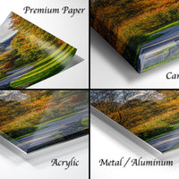 The image is a collage of four different views of a landscape, including a premium paper print, a canvas wrap, an acrylic print, and a metal/aluminum print.