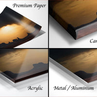 The image is a collage of four different images, each depicting a sunset landscape. The images are labeled as "Premium Paper", "Canvas Wrap", "Acrylic", and "Metal/Aluminum".