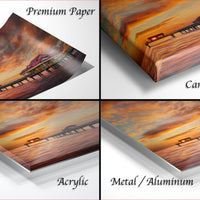 The image is a collage of four different views of a sunset over a pier, with each view presented in a different medium: premium paper, canvas wrap, acrylic, and metal/aluminum.