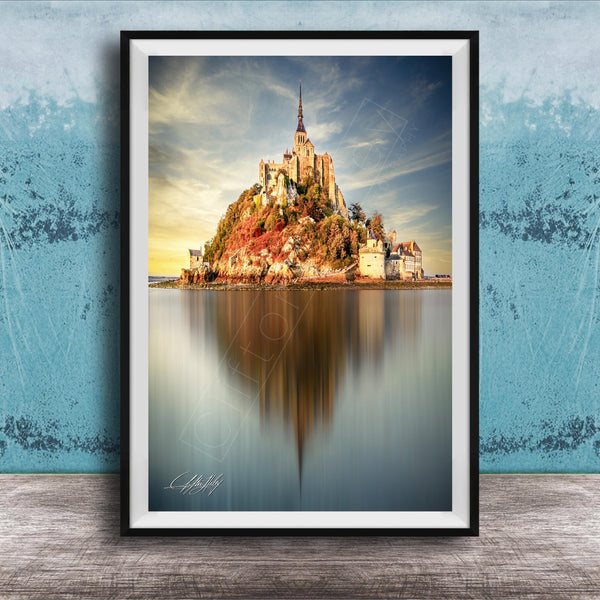 Mont Saint-Michel Poster, Normandy Coastal Art Print | Sunrise Fog