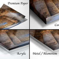 The image is a collage of four different views of an ancient architectural structure, such as a temple or monument, with the text "Premium Paper", "Canvas Wrap", "Acrylic", and "Metal/Aluminum" indicating the materials used for the print.