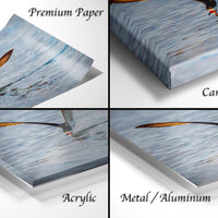 The image is a collage of four different views of a bird in flight over water, with each view labeled as either "Premium Paper", "Canvas Wrap", "Acrylic", or "Metal/Aluminum".