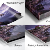 The image is a collage of four different images, each depicting a landscape with a lighthouse. The images are labeled as "Premium Paper", "Canvas Wrap", "Acrylic", and "Metal/Aluminum".