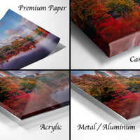 The image is a collage of four different images, each depicting a landscape with trees and buildings. The images are labeled as "Premium Paper", "Canvas Wrap", "Acrylic", and "Metal/Aluminum".