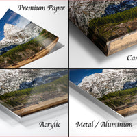 The image is a collage of four different images, each depicting a mountain landscape. The images are labeled as "Premium Paper", "Canvas Wrap", "Acrylic", and "Metal/Aluminum".