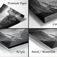 The image is a collage of four different pictures, each depicting a mountainous landscape. The images are labeled as "Premium Paper", "Canvas Wrap", "Acrylic", and "Metal/Aluminum".