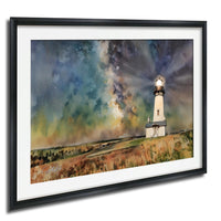 A framed watercolor painting depicting a lighthouse on a grassy hill, with a starry sky in the background.